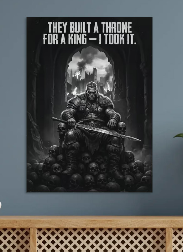 Warrior King on Skull Throne — metal poster wall art by Lineer